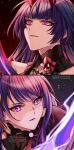  2girls artist_name bangs crossover electricity genshin_impact highres holding holding_sword holding_weapon honkai_(series) honkai_impact_3rd horns japanese_clothes katana long_hair mihoyo mole mole_under_eye multiple_girls namesake open_mouth purple_eyes purple_hair raiden_mei raiden_mei_(herrscher_of_thunder) raiden_shogun stmbgt0 sword takamatsu_(yamajiai) upper_body voice_actor_connection watermark weapon 