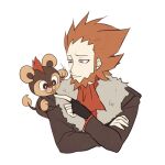  1boy beard black_gloves bright_pupils brown_jacket closed_mouth commentary crossed_arms facial_hair fingerless_gloves gloves grey_eyes jacket litleo long_sleeves lysandre_(pokemon) male_focus on_shoulder pokemon pokemon_(creature) pokemon_(game) pokemon_on_shoulder pokemon_xy short_hair smile ssalbulre team_flare white_pupils 