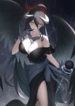  1girl absurdres ahoge albedo_(overlord) bangs black_dress black_hair black_wings blush breasts cleavage demon_girl demon_horns dress feet_out_of_frame finger_to_mouth from_above gloves highres holding holding_scepter horns jewelry large_breasts long_hair looking_at_viewer mato_kuroi necklace open_mouth overlord_(maruyama) parted_lips scepter simple_background solo standing strapless strapless_dress white_gloves wings yellow_eyes 