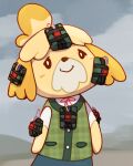  animal_crossing animal_ears animal_nose artist_name black_eyes blonde_hair blue_skirt blue_sky body_fur boke-chan bomb buttons c4 closed_mouth cloud commentary_request day dog_ears dog_girl english_commentary flat_chest green_vest half-closed_eyes happy head_tilt isabelle_(animal_crossing) metal_gear_(series) mixed-language_commentary neck_ribbon outdoors partial_commentary patreon_username peril plaid plaid_vest pocket red_ribbon ribbon shirt short_hair short_sleeves skirt sky smile standing super_smash_bros. topknot two-tone_fur unmoving_pattern upper_body vest watermark white_fur white_shirt yellow_fur 