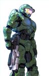  1boy absurdres assault_rifle black_gloves bullpup gloves gun halo_(series) halo_infinite helmet highres holding holding_gun holding_weapon ma5 master_chief nasutetsu open_hand power_armor rifle science_fiction scratched_paint solo spartan_(halo) visor weapon white_background 