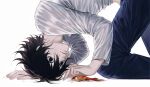  1boy all_fours animal bags_under_eyes black_hair blue_pants closed_mouth dead_animal death_note feet_out_of_frame fish from_side goldfish hair_between_eyes highres huli_xiaobai l_(death_note) long_sleeves looking_at_animal looking_away male_focus midriff pants shirt short_hair simple_background water wet wet_clothes wet_hair wet_shirt white_background white_shirt 
