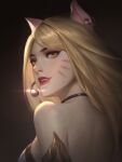  absurdres ahri_(league_of_legends) animal_ears bangs black_choker blonde_hair breasts choker earpiece earrings fox_ears fox_girl highres jewelry k/da_(league_of_legends) k/da_ahri league_of_legends lipstick long_hair looking_at_viewer looking_back makeup open_mouth sideboob yellow_eyes yongjie_yin 