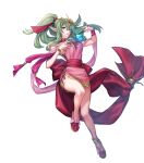  1girl bangs bow bracelet breasts dress fire_emblem fire_emblem:_mystery_of_the_emblem fire_emblem_heroes full_body gold_trim green_eyes green_hair hands_up high_ponytail highres jewelry leg_up long_hair looking_away medium_breasts non-web_source official_art p-nekor parted_lips pink_dress pointy_ears ponytail shiny shiny_hair short_dress solo thighs tiara tiki_(fire_emblem) transparent_background 