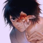  1boy absurdres bags_under_eyes black_hair blurry candy closed_mouth collarbone death_note depth_of_field fingernails fish food food_art goldfish grey_background hand_up highres huli_xiaobai l_(death_note) looking_at_viewer male_focus one_eye_covered portrait shirt short_hair simple_background smile solo white_shirt 