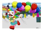  absurd_res balloon breasts chispa_(jdanieloart) cleavage clothed clothing clown clown_makeup female goblin hi_res humanoid inflatable jdanieloart looking_at_viewer running short_stack solo wig 