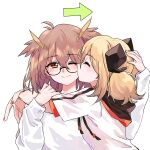  2girls ;) arknights arm_up arrow_(symbol) black-framed_eyewear blonde_hair blush brown_eyes brown_hair closed_eyes closed_mouth commentary english_commentary glasses hand_on_another&#039;s_head highres hood hood_down hoodie ifrit_(arknights) kiss kissing_cheek long_hair long_sleeves low_twintails multiple_girls nail_polish one_eye_closed orange_nails puffy_long_sleeves puffy_sleeves rotem_(25rot) semi-rimless_eyewear shirt short_sleeves silence_(arknights) simple_background sleeves_past_wrists smile twintails under-rim_eyewear upper_body white_background white_hoodie white_shirt yuri 