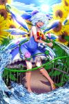  1girl bangs bare_arms bare_legs bare_shoulders blue_bow blue_dress blue_eyes blue_hair blue_wings bow cirno cloud collarbone commentary_request covered_navel day dress elcid_company field flower flower_field hair_bow hidden_star_in_four_seasons highres holding holding_hose hose ice ice_wings looking_at_viewer medium_hair morning_glory neck_flower one_eye_closed outdoors plant sandals short_dress sky sleeveless sleeveless_dress solo splashing standing standing_on_one_leg summer sun sunflower tan tanlines tanned_cirno toes touhou vines water wings 
