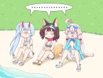  3girls absurdres animal_ears beach blue_archive blue_hair fox_ears fox_tail greenteaneko hair_ornament highres horns multiple_girls parka pink_hair sandals scarf swimsuit tail 