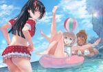  3girls ass ball bare_arms bare_legs bare_shoulders barefoot beach beachball bikini black_hair blonde_hair blue_eyes blue_sky brown_hair closed_eyes dark_skin day gradient_hair grey_hair gyaru highres idolmaster idolmaster_shiny_colors innertube izumi_mei long_hair looking_at_viewer looking_back mayuzumi_fuyuko multicolored_hair multiple_girls ocean otsudou outdoors red_bikini red_eyes serizawa_asahi short_hair sky straylight_(idolmaster) swimsuit two_side_up wading water wet white_bikini 