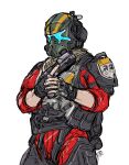  1boy bodysuit fingerless_gloves gloves grey_gloves gun helmet highres holding holding_gun holding_weapon jack_cooper knife male_focus nasutetsu red_bodysuit sa-3_mozambique science_fiction sketch solo titanfall_(series) titanfall_2 trigger_discipline upper_body weapon white_background 