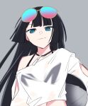  1girl bangs black_hair blue_eyes blunt_bangs closed_mouth crop_top eyewear_on_head grey_background jewelry jiitarou long_hair looking_at_viewer mahjong_soul nadeshiko_(mahjong_soul) navel necklace sketch smile solo sunglasses 