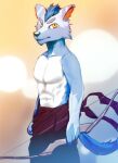  abs anthro archer blue_body blue_fur canid canine canis fur hi_res male mammal pecs shirtless solo stampmats wolf yellow_eyes 