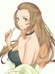  1girl alternate_hairstyle artist_name bangs bare_shoulders bracelet breasts brown_eyes choker cleavage closed_mouth collarbone commentary_request fingernails fire_emblem fire_emblem:_three_houses hair_ornament index_finger_raised jewelry kh_(tanakananataka) light_brown_hair lips long_hair looking_at_viewer manuela_casagranda medium_breasts mole mole_under_eye nail_polish shiny shiny_hair signature simple_background solo strapless upper_body 