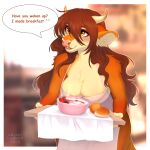  2022 absurd_res amber_eyes anthro bovid bovine breasts brown_hair chest_tuft clothed clothing digital_media_(artwork) eyebrows eyelashes female food hair hi_res horn kyotoleopard mammal smile solo tuft 