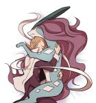  1boy bed_sheet brown_hair cape closed_eyes commentary_request eusine_(pokemon) flipped_hair from_above hug jacket long_sleeves lying male_focus on_side pants pokemon pokemon_(creature) pokemon_(game) pokemon_hgss purple_jacket purple_pants ssalbulre suicune white_cape 