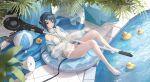  1girl absurdres ahoge arknights ball beachball black_hair blue_eyes blush breasts full_body goggles goggles_around_neck hair_intakes highres holding holding_staff innertube jacket la_pluma_(arknights) la_pluma_(summer_flowers)_(arknights) ling_dianxia looking_at_viewer medium_breasts megaphone off_shoulder official_alternate_costume open_clothes open_jacket outdoors parted_lips plant pool rubber_duck short_hair sitting solo staff water white_background white_jacket 