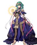  1girl bangs blue_dress braid breasts byleth_(fire_emblem) byleth_(fire_emblem)_(female) clenched_hand closed_mouth cosplay dress fire_emblem fire_emblem:_three_houses fire_emblem_heroes fujisaka_kimihiko full_body gold_trim green_eyes green_hair hair_ornament hand_up high_heels highres jewelry loincloth long_dress long_hair looking_at_viewer medium_breasts non-web_source official_art pantyhose pelvic_curtain solo sothis_(fire_emblem) sothis_(fire_emblem)_(cosplay) sparkle standing tiara toeless_footwear transparent_background twin_braids twintails 