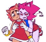  &lt;3 &lt;3_eyes 2022 5_fingers amy_rose animal_humanoid clothing dialogue dress duo english_text female female/female fingers footwear freckles gloves groping_chest groping_from_behind hair handwear hexanne humanoid nova_(hexanne) pink_hair purple_body purple_skin sega shoes simple_background sonic_the_hedgehog sonic_the_hedgehog_(series) star_(hexanne) text 