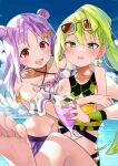  2girls absurdres alina_gray alina_gray_(swimsuit_costume) aqua_eyes arm_over_shoulder bangs bare_shoulders barefoot bikini blue_sky blush breasts cloud earrings frilled_bikini frills green_hair hair_between_eyes hair_bun hair_ornament highres holding jewelry long_hair looking_at_viewer magia_record:_mahou_shoujo_madoka_magica_gaiden mahou_shoujo_madoka_magica mamadasky misono_karin misono_karin_(swimsuit_costume) multiple_girls ocean open_mouth parted_bangs ponytail purple_hair sky small_breasts smile star_(symbol) star_hair_ornament sunglasses swimsuit yellow_bikini 