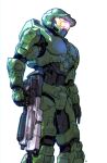  1boy absurdres assault_rifle black_gloves bullpup gloves gun halo_(series) halo_infinite helmet highres holding holding_gun holding_weapon ma5 master_chief nasutetsu open_hand power_armor rifle science_fiction solo spartan_(halo) visor weapon white_background 