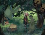  1girl bayleef blue_overalls bow brown_eyes brown_hair cabbie_hat celebi closed_mouth commentary_request from_above grass hat hat_bow highres hoothoot in_tree long_hair looking_up lyra_(pokemon) nmn_0 overalls paras pokemon pokemon_(creature) pokemon_(game) pokemon_hgss red_footwear red_shirt shirt shoes standing thighhighs tree tree_stump twintails white_headwear yellow_bag 