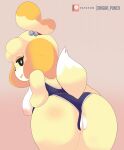  absurd_res animal_crossing anthro big_breasts blonde_hair breasts butt camel_toe canid canine canis clothing digital_media_(artwork) domestic_dog female fur genitals hair hi_res isabelle_(animal_crossing) looking_at_viewer looking_back mammal nintendo nipples one-piece_swimsuit onigiri_punch open_mouth pussy shih_tzu simple_background smile solo swimwear toy_dog video_games yellow_body yellow_fur 