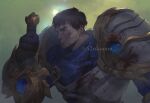  1boy 42nkooon armor artist_name blood blood_on_clothes blood_on_face blue_eyes breastplate brown_hair dirty dirty_face dust garen_(league_of_legends) gloves league_of_legends light light_rays looking_to_the_side male_focus mature_male outdoors scarf short_hair shoulder_armor signature sky solo spiked_hair sun sunlight sword weapon 