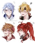  4boys ahoge anger_vein angry antenna_hair artist_name bangs black_shirt blonde_hair blood blood_on_face blue_eyes blue_hair blush clenched_teeth closed_eyes collarbone collared_shirt commentary_request cropped_shoulders diluc_(genshin_impact) diluc_(red_dead_of_night)_(genshin_impact) dog_tags fake_horns fang genshin_impact hair_between_eyes hair_over_shoulder headband heart high_ponytail highres hoge_(hoge0w0) horned_headwear horns japanese_clothes kamisato_ayato kimono long_hair looking_at_viewer low_ponytail male_focus mask mask_on_head medium_hair mole mole_under_mouth multiple_boys nose_blush notice_lines open_mouth orange_hair parted_bangs parted_lips ponytail profile purple_eyes raised_eyebrows red_eyes red_hair red_mask red_shirt round_teeth shirt short_hair sidelocks skin_fang smile squiggle swept_bangs tartaglia_(genshin_impact) teeth thoma_(genshin_impact) tongue twitter_username upper_body v-shaped_eyebrows white_background 