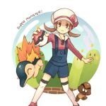  1girl blue_overalls bow brown_eyes brown_hair cabbie_hat closed_mouth commentary_request crossover cyndaquil frown goomba hat hat_bow holding holding_poke_ball legs_apart long_hair lowres lyra_(pokemon) mario_(series) overalls poke_ball poke_ball_(basic) pokemon pokemon_(creature) pokemon_(game) pokemon_hgss red_bow shoes ssalbulre thighhighs twintails white_headwear 