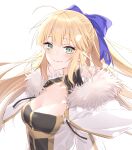  1girl ahoge artoria_caster_(fate) artoria_pendragon_(fate) bangs blonde_hair blue_bow blush bow breasts capelet cleavage collarbone dress facial_mark fate/grand_order fate_(series) forehead_mark fur-trimmed_capelet fur_trim green_eyes hair_bow highres long_hair long_sleeves looking_at_viewer medium_breasts pttyr smile solo twintails white_capelet white_dress 