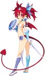  1girl ass asymmetrical_footwear bangs blush choker demon_girl demon_tail demon_wings disgaea disgaea_rpg earrings etna_(disgaea) flat_chest full_body gauntlets headpiece holding holding_shield holding_sword holding_weapon jewelry long_hair long_tail mismatched_footwear non-web_source official_art photoshop_(medium) red_eyes red_hair red_tail red_wings shield simple_background slit_pupils smile solo standing sword tail tears toeless_footwear twintails weapon white_background wings 