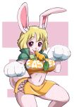  anthro big_breasts blonde_hair bodily_fluids brachyzoid breasts brown_eyes carrot carrot_(one_piece) clothed clothing female food gloves hair handwear lagomorph leporid looking_at_viewer mammal midriff minkmen_(one_piece) nipple_outline object_in_mouth one_piece plant rabbit saliva scut_tail short_tail skimpy smile solo tight_clothing vegetable white_clothing white_gloves white_handwear 