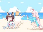  3girls absurdres animal_ears beach blue_archive blue_hair censored greenteaneko hair_ornament highres horns multiple_girls parka pink_hair recording ribbon scarf swimsuit wrist_ribbon 