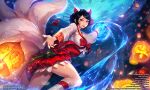  1girl ahri_(league_of_legends) animal_ears artist_name bangs black_hair fox_ears fox_girl hair_bun hair_ornament hanbok korean_clothes lantern lantern_festival league_of_legends lenn_sparrow long_sleeves nail_polish night night_sky outdoors paper_lantern red_eyes red_nails single_hair_bun sky sky_lantern solo 