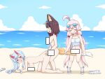  3girls absurdres beach blue_archive censored doggystyle futanari greenteaneko group_sex highres masturbation multiple_girls ribbon sandals scarf swimsuit threesome wrist_ribbon 