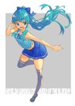  1girl bangs bare_arms blue_bow blue_eyes blue_hair blue_ribbon blue_shirt blue_skirt bow character_name floating_hair full_body grey_background grey_thighhighs hair_bow hand_in_own_hair happinesscharge_precure! highres jj_(ssspulse) leg_up long_hair midriff miniskirt neck_ribbon open_mouth pleated_skirt ponytail precure ribbon shirayuki_hime shirt skirt sleeveless sleeveless_shirt solo striped striped_shirt thighhighs very_long_hair zettai_ryouiki 