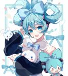  1girl :d absurdres aqua_bow aqua_eyes aqua_hair aqua_nails bangs black_sleeves blush_stickers bow character_doll cinnamiku cinnamoroll commentary crossover detached_sleeves grey_shirt hair_bow hair_ornament hand_up hatsune_miku headset heart highres holding kanvien looking_at_viewer matching_outfit open_mouth sanrio shirt smile teeth tied_ears updo upper_body upper_teeth vocaloid 