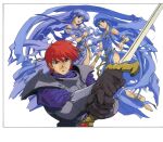  1990s_(style) 1boy 2girls adol_christin ancient_ys_vanished anklet armor barefoot blue_eyes blue_hair bracelet breastplate feena_(ys) gloves holding holding_sword holding_weapon jewelry long_hair multiple_girls non-web_source official_art open_mouth reah_(ys) retro_artstyle scan short_hair simple_background smile sword two-handed very_long_hair weapon white_background ys 