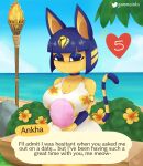  &lt;3 2021 absurd_res animal_crossing ankha_(animal_crossing) anthro beach bench big_breasts blue_eyes blue_eyeshadow blue_hair blush breasts candy cleavage clothed clothing collar cotton_candy curvy_figure date dessert detailed_background dialogue digital_media_(artwork) domestic_cat dress english_text eyelashes eyeshadow felid feline felis female flower food fur gammainks hair happy header header_box hi_res holding_food holding_object huge_breasts looking_at_viewer makeup mammal nintendo number numbered_heart outside palm_tree plant romantic sea seaside short_hair signature sitting smile solo talking_to_viewer text text_box torch tree video_games water white_clothing white_dress wide_hips yellow_body yellow_fur 