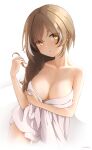  1girl 4zazil :o absurdres bangs blush breast_hold breasts brown_eyes brown_hair cleavage collarbone highres hololive hololive_english long_hair looking_at_viewer medium_breasts multicolored_hair naked_towel nanashi_mumei solo streaked_hair towel very_long_hair virtual_youtuber white_background 