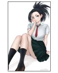  1girl absurdres artist_name black_eyes black_hair boku_no_hero_academia breasts dismaiden head_rest highres medium_breasts medium_skirt miniskirt necktie panties ponytail purple_panties red_necktie school_uniform signature sitting skirt solo underwear yaoyorozu_momo 