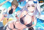  2girls bare_shoulders beach bikini black_bikini black_swimsuit blue_nails bow breasts brown_hair cleavage commentary copyright_name day dutch_angle english_commentary fur_collar glasses hair_bow hair_bun halterneck hands_up highres hisen_kaede jacket kaavi large_breasts logo long_hair looking_at_viewer mahjong mahjong_soul multi-strapped_bikini multiple_girls nail_polish navel ninomiya_hana ocean official_art one-piece_swimsuit open_clothes open_jacket open_mouth outdoors parted_lips red-framed_eyewear see-through shawl sidelocks smile stomach string_bikini swimsuit tenbou thigh_strap thighs wet white_hair white_jacket yellow_eyes 