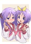  2girls absurdres bangs blue_eyes blush border bow brown_bow closed_mouth collarbone cropped_torso eyes_visible_through_hair flipped_hair hair_between_eyes hair_bow hair_ornament hair_over_shoulder hairband hand_up highres hiiragi_kagami hiiragi_tsukasa light_purple_hair long_hair long_sleeves looking_at_viewer lucky_star medium_hair multiple_girls neckerchief nijizuki_shino open_mouth outside_border pink_neckerchief raised_eyebrow red_sailor_collar sailor_collar school_uniform serafuku shirt siblings simple_background sisters smile straight_hair tareme tsurime two_side_up upper_body v wavy_mouth white_border white_shirt yellow_background yellow_bow yellow_hairband 