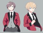  2boys akechi_hideki blonde_hair blue_eyes brown_hair formal hands_in_pockets jiitarou looking_at_viewer looking_down mahjong_soul male_focus matching_outfit multiple_boys necktie open_mouth red_suit shinomiya_natsuki short_hair smile suit 