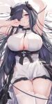  1girl :o absurdres apron armpits ass_visible_through_thighs august_von_parseval_(azur_lane) august_von_parseval_(the_conquered_unhulde)_(azur_lane) azur_lane bangs black_dress blush bow bowtie breasts curled_horns dress garter_straps hair_over_one_eye highres horns large_breasts long_hair looking_at_viewer lshiki lying maid maid_headdress mechanical_horns official_alternate_costume on_back panties panty_peek purple_eyes purple_hair sleeveless solo thighhighs underwear very_long_hair white_apron white_dress white_thighhighs 