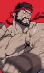  1boy bara beard black_hair clenched_hands clenched_teeth facial_hair gloves headband highres large_pectorals male_focus muscular muscular_male pectorals red_background red_eyes red_headband ryota-h ryu_(street_fighter) short_hair simple_background solo street_fighter street_fighter_6 teeth topless_male upper_body 