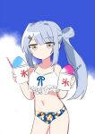  1girl bikini blue_background blue_hair closed_mouth hair_bun jiitarou long_hair looking_at_viewer mahjong_soul multicolored_background shaved_ice side_ponytail solo swimsuit white_background yagi_yui 