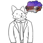 anthro canid canine clothing emotionless fox low_res male mammal milk milk_carton monochrome necktie shirt simple_background simple_eyes solo spilled_drink spilled_milk spongebob_meme suit thinking_cloud topwear winterfrost_(character) winterfrostwastaken 