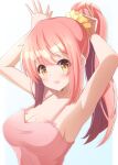  1girl armpits arms_behind_head arms_up breasts bunny1219 cleavage highres long_hair looking_at_viewer mole mole_on_breast open_mouth original pink_hair pink_shirt ponytail shirt solo white_background yellow_eyes 